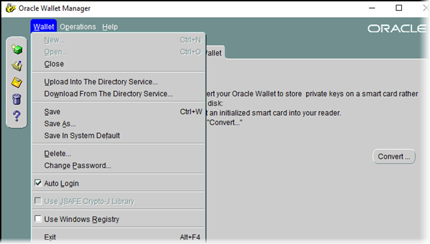 Oracle Wallet Manager tool with Wallet menu displayed with the Auto Login option checked